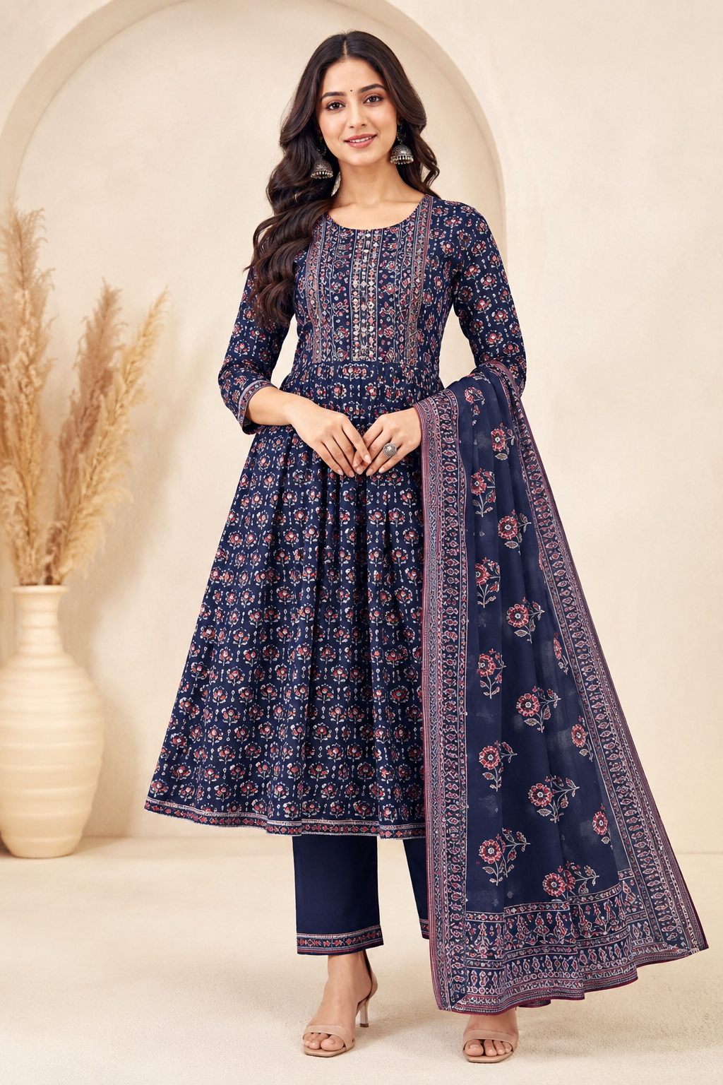 KLOSIA Women's Rayon Printed Anarkali Kurta and Pant with Dupatta Set – Elegant Ethnic Wear for Women | Stylish Printed Anarkali Suit Set for Festive & Casual Occasions